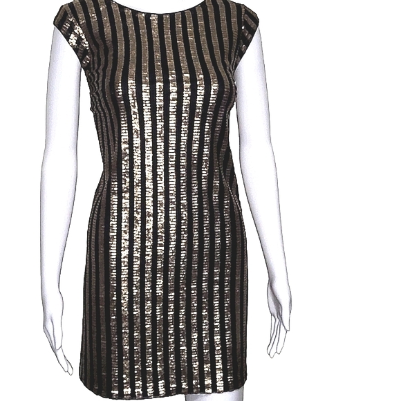 ALI & Jay black gold copper sequins stripes deep V back mini dress size medium - Picture 4 of 11